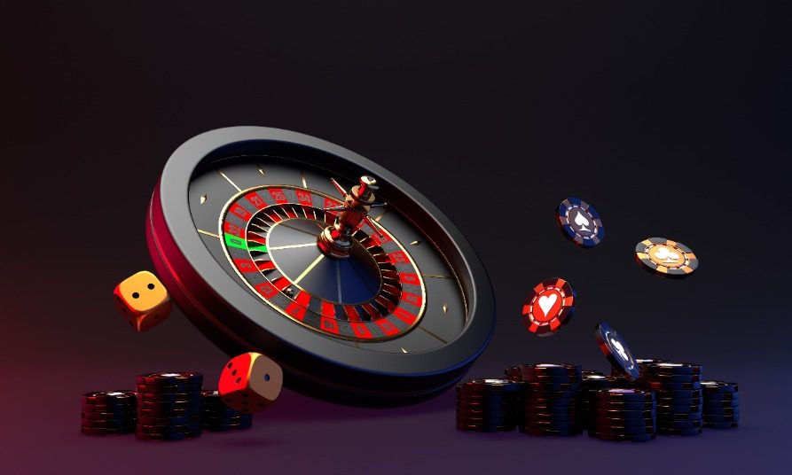Casino roulette on a black background. Casino chip and dice on a black background. Casino background. 3d rendering.