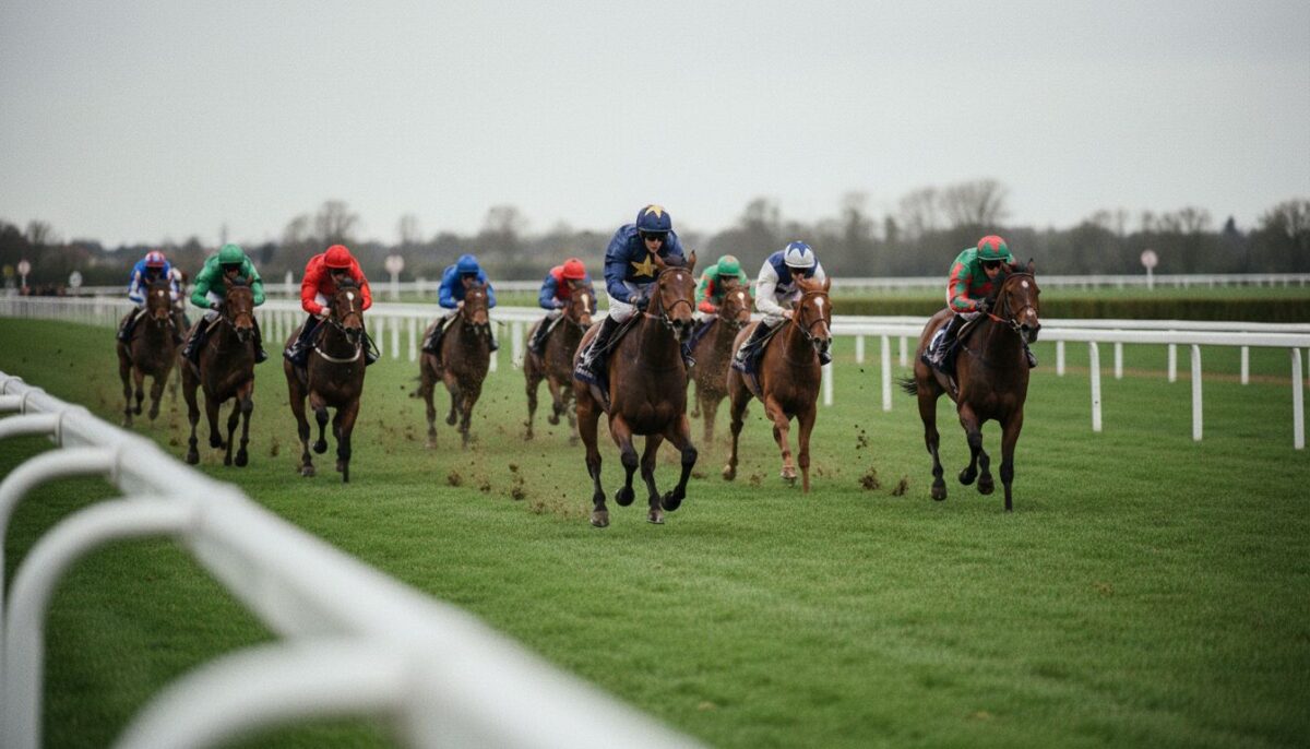 Peloton de galopeurs dans la ligne droite d'un hippodrome sur herbe