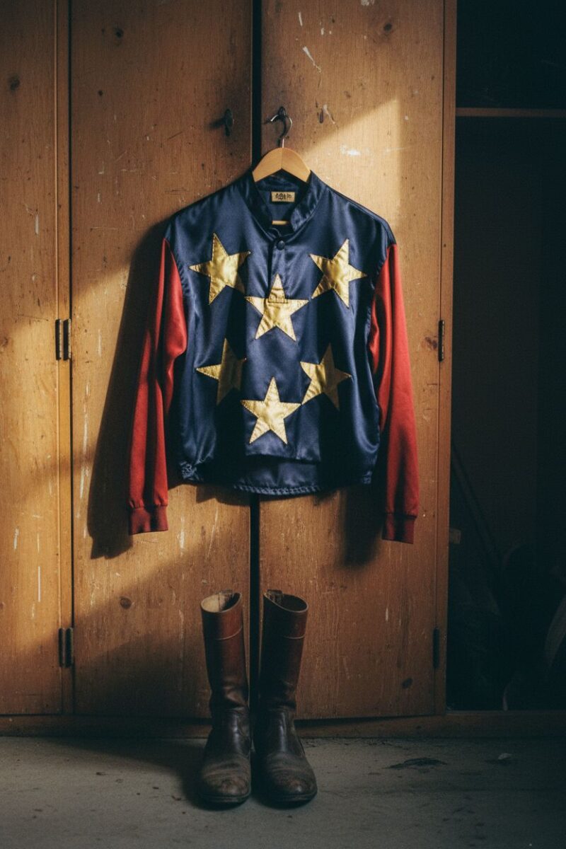 Casaque de soie bleu nuit à étoiles or suspendue dans un vestiaire de jockeys