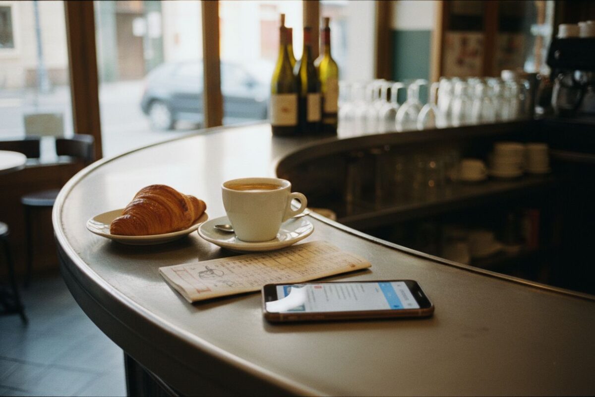 Téléphone posé sur le zinc d'un café avec le mail des tuyaux du matin