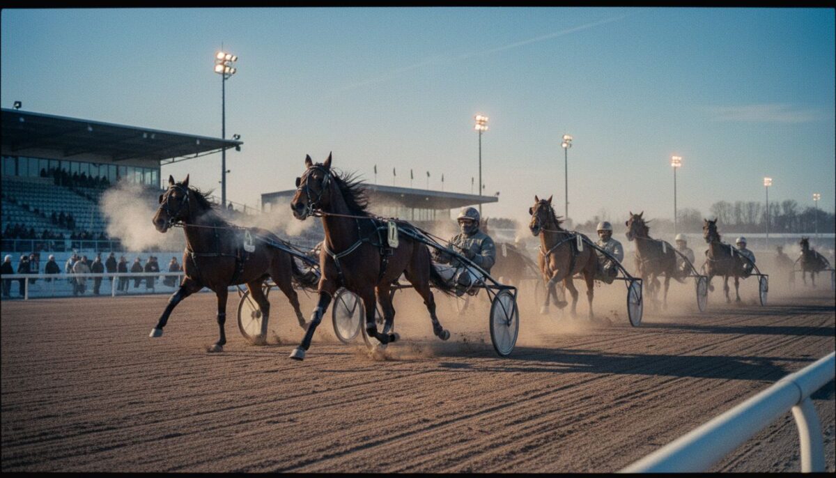 Course de trot attelé en hiver sur la cendrée de Vincennes