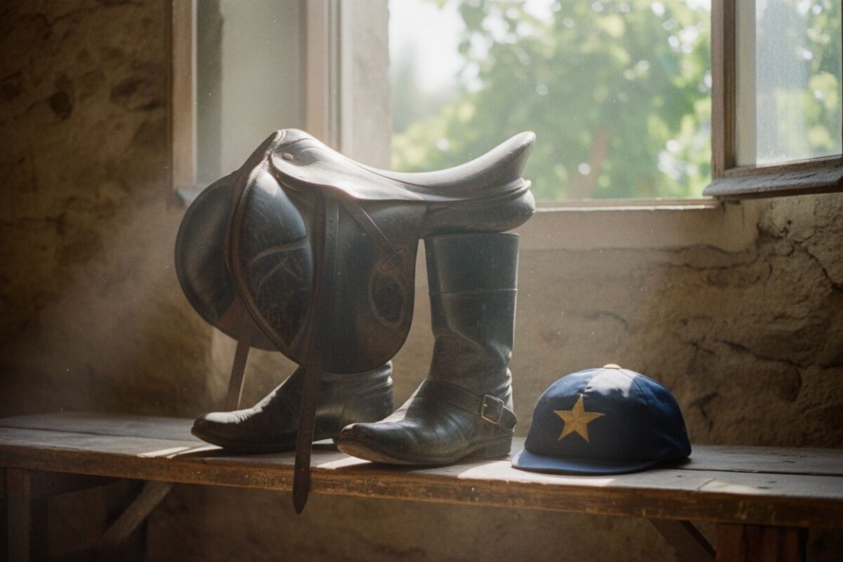 Selle de course, bottes de jockey et toque bleu nuit à étoile