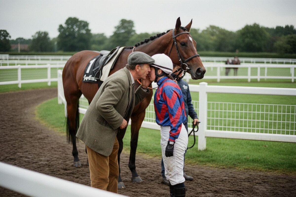 Un entraîneur glisse une consigne au jockey au rond de présentation