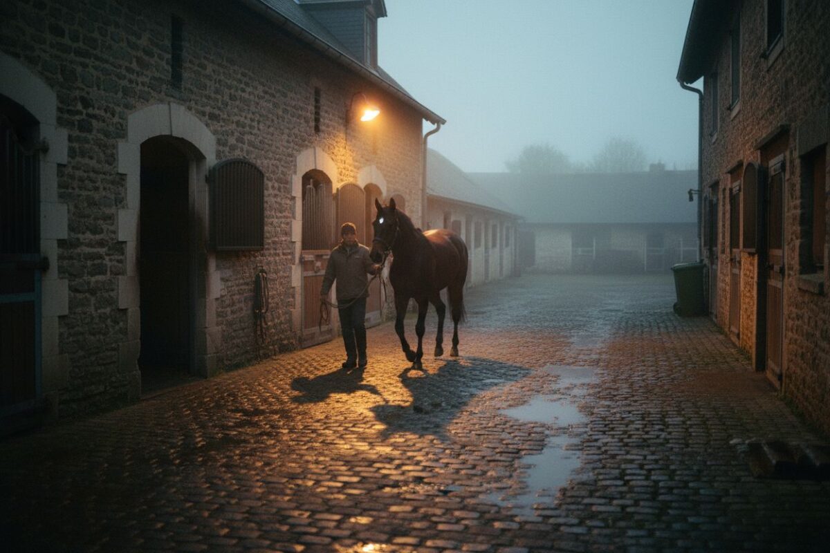 Cour d'écurie de courses à l'aube, un lad sort un cheval de son box