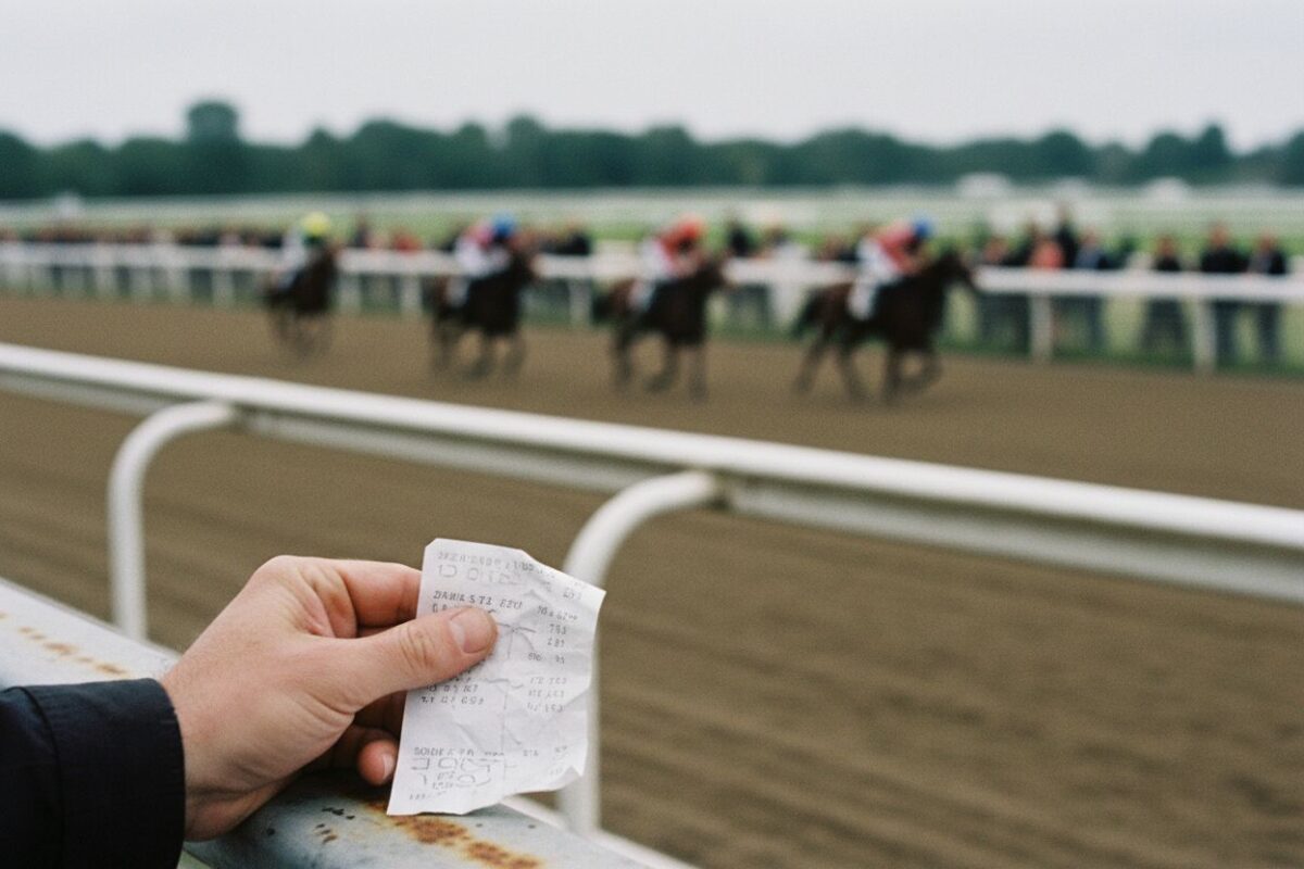 Ticket de pari tenu à la lisse, chevaux au loin