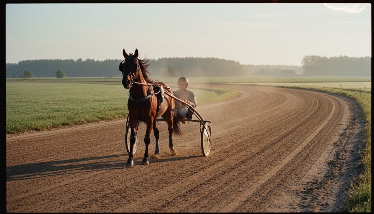 Trotteur et son driver à l'échauffement sur la piste en sable