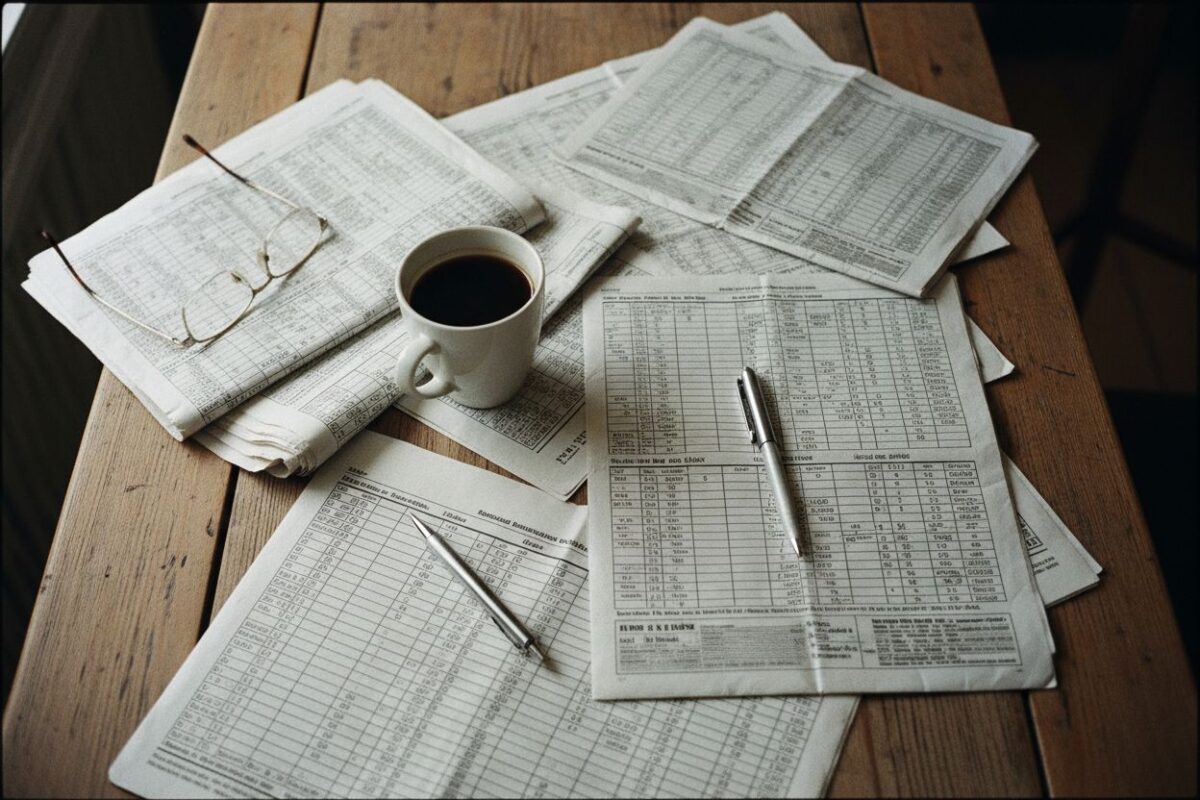 Journaux hippiques et programmes annotés sur une table
