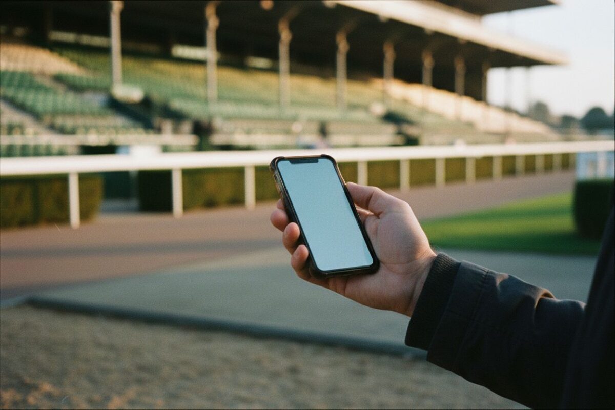 Téléphone en main à l'entrée d'un hippodrome le matin