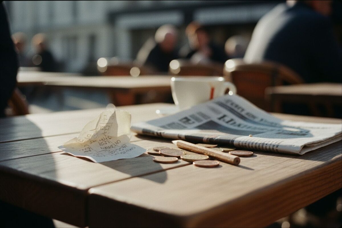 Bulletin de pari, crayon et monnaie sur une table de café