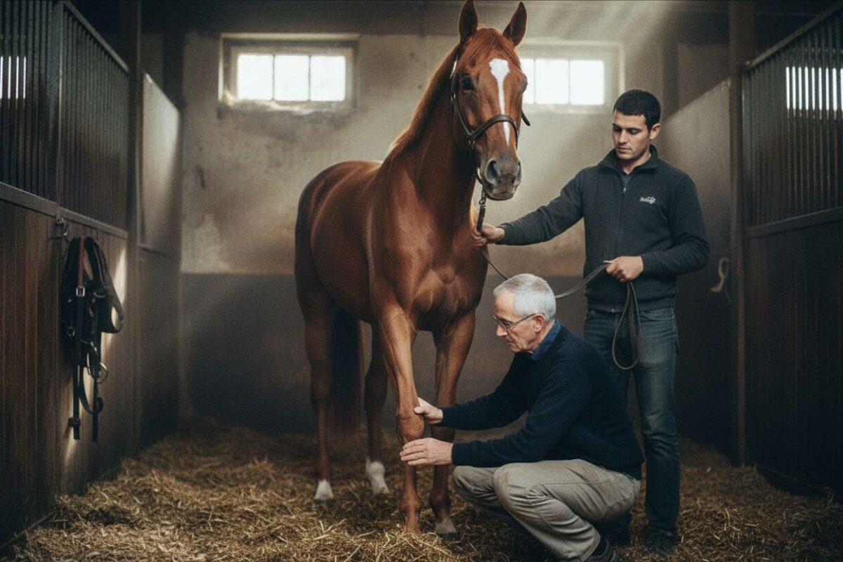 Jacques examine les membres antérieurs d'un cheval au box