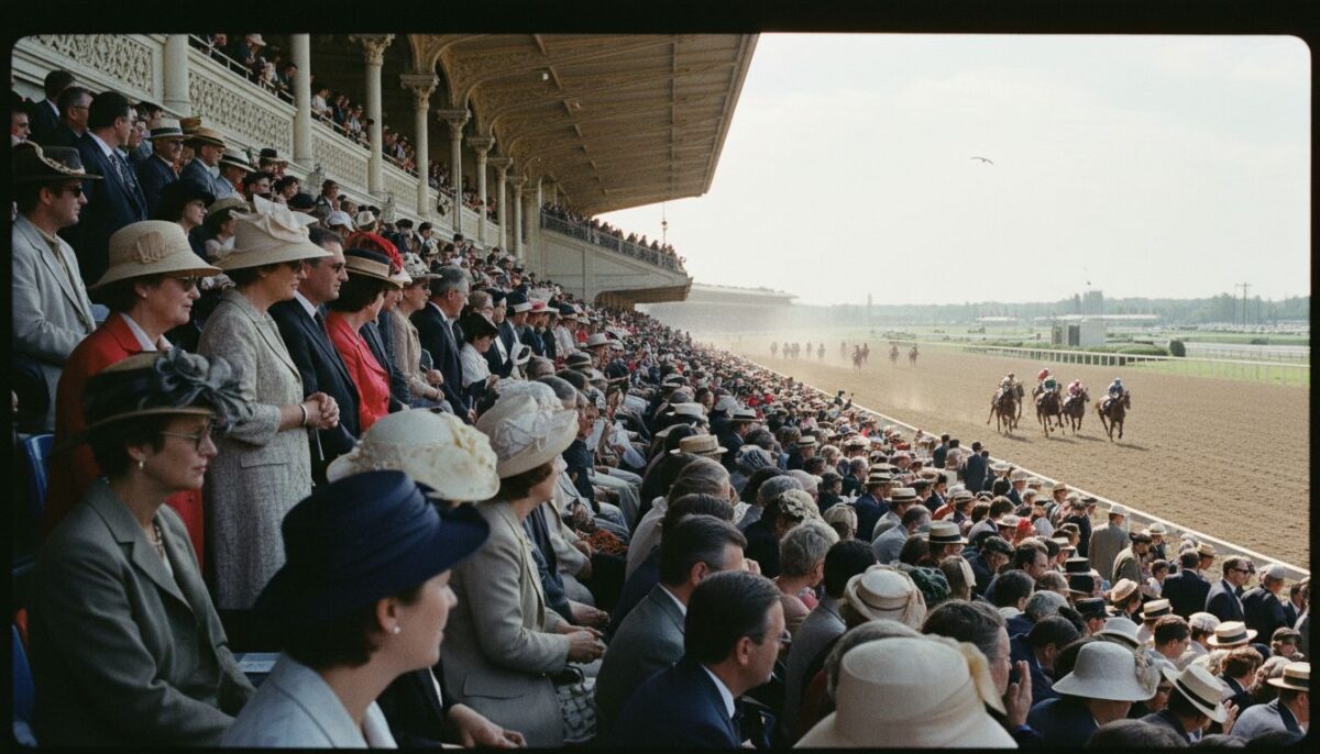 Tribune d'hippodrome comble un jour de grand prix